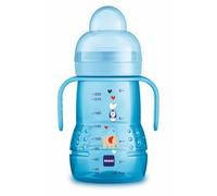 MAM 2-in-1 Baby Bottle and Cup, from 4 Months, 220 ml, with Extra Soft Spout and Anti-Spill Silicone Teat Skin Soft Easy Acceptance, with Handles to Hold It Easily, Blue, Pack of 1
