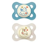 MAM 2 x Glow in the Dark Pacifier 2-6 Months with Symmetrical Teat Flat and Flexible Silicone Easy to Take with Self-Sterilising Box Original Matte Blue Night