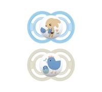 MAM 2 x Pacifiers from 6 Months, Extra Thin and Flexible Teat, Flat and Symmetrical, Made of Skin Soft Silicone, Easy to Accept with Self-Sterilising Box, MAM Perfect, Matte Blue