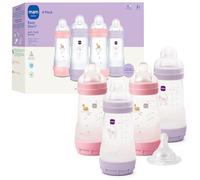 MAM 9oz Easy Start Anti-Colic Wide Neck Baby Bottle, Medium Flow Breastfeeding-Like Nipple, Reduces Colic Gas & Reflux, Easy to Clean, BPA Free, 2+ Months, Made in Europe, Bonus Fast Flow Nipple, 4 Pk