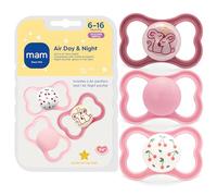 MAM Air Night & Day Baby Pacifier, for Sensitive Skin, Glows in The Dark, 6-16 Months, Girl, 3 Count (Pack of 1)