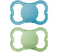 MAM Air Soothers 6-18 Months | 2 Pack | Orthodontic Design | Comes in Dummy Steriliser Case | Sustainable Materials | Baby Accessories | Blue (Various Designs)