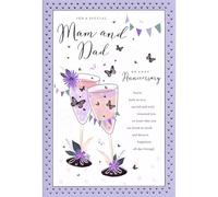Mam and Dad Anniversary Card - Champagne Glasses and Butterflies - Contemporary Design - Special Finishes and Illustrated Insert Leaf - Made in the UK
