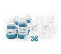 MAM Easy Start Anti-Colic Bottle Starter Set | Includes 4X Feeding Bottles and MAM Original Start 0-2 Month Soother | Self-Sterilising | Baby Gift Set of Newborn Essentials | Blue (Various Designs)