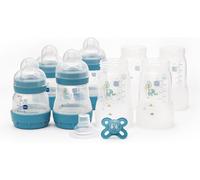 MAM Easy Start Anti-Colic Bottle Starter Set | Includes 4X Feeding Bottles and MAM Original Start 0-2 Month Soother | Self-Sterilising | Baby Gift Set of Newborn Essentials | Blue (Various Designs)