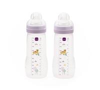 MAM Baby Feeding Bottle 330ml│Fast Flow Soft Teat │Anti-Colic│2pk│+4m│Pink