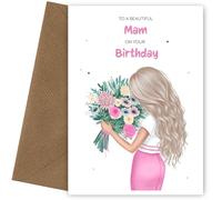 Mam Birthday Card - Beautiful Blonde Mam with Flowers - Beautiful Card with Lovely Words for 30th, 40th, 50th, 60th, Milestone Bdays
