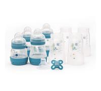 MAM Easy Start Anti-Colic Bottle Starter Set | Includes 4X Feeding Bottles and MAM Original Start 0-2 Month Soother | Self-Sterilising | Baby Gift Set of Newborn Essentials | Blue (Various Designs)