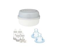 MAM Bundle of Microwave Steam Steriliser (Grey) + Feed and Soothe Bottle Set Complete with Soothers + Teats Size 1, Suitable for Newborns, Slow Flow SkinSoft Silicone Teats for Baby Bottles