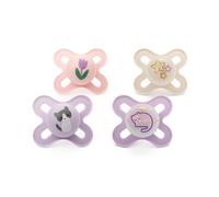 MAM Day & Night Dummies, 0-2M, 4 Pack, Orthodontic, Pink/Purple/Linen | Includes 2x Glow in The Dark Soothers, Baby Accessories, Designs Vary