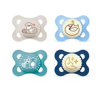 MAM Day & Night "Skin Soft" Silicone Dummy 0-6 // Neutral // Set of 4 // Includes 2 Sterilised Transport Boxes