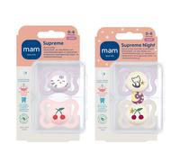 MAM Dental Dummy Supreme 0-6 Months, Pack of 4, Girls, Orthodontic Soother, Thin Teat, Skin-Friendly with Extra air Flow, incl. Travel case