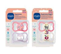 MAM Dental Dummy Supreme 6-16 Months, Pack of 4, Girls, Thin Teat - Orthodontic Soother, Skin-Friendly with Extra air Flow, incl. Travel case