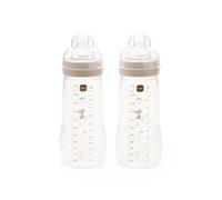 MAM Easy Active Bottles | 2 Pack (2 x 330ml) | Fast Flow MAM Teats Size 3 | Baby Accessories | Beige (Various Designs)