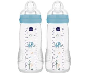 MAM Easy Active Baby Bottle with Fast Flow MAM Teats Size 3, Twin Pack of Baby Bottles, Baby Feeding, 330 ml, Blue (Designs May Vary)