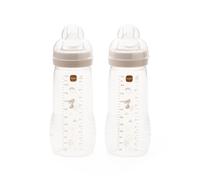MAM Easy Active Bottles | 2 Pack (2 x 330ml) | Fast Flow MAM Teats Size 3 | Baby Accessories | Linen (Various Designs)