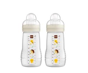 MAM Easy Active Drinking Bottle Set of 2 (270 ml), Baby Drinking Bottle Including MAM Teat Size 1 Made of SkinSoft Silicone, Milk Bottle with Ergonomic Shape, 0+ Months, Bee/Hedgehog
