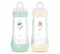 MAM - Easy Start Anti-Colic Baby Bottle, 4+ Months, Fast Flow (2 x 320 ml) Mint + Cotton - Bottle to Reduce Colic and Discomfort of the Baby - Baby Bottle for Breastfeeding