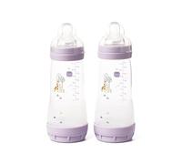 MAM Easy Start Self Sterilising Anti-Colic Baby Bottle Pack of 2 (2 x 320 ml), MAM Bottles with Fast Flow MAM Teats Size 3, Reduced Colic Baby Bottle, Baby Essentials, Purple (Designs May Vary)