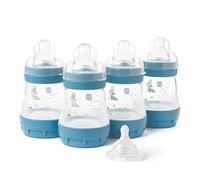 MAM Easy Start Anti-Colic Baby Bottles | 4 Pack (4X 160ml) | Self-Sterilising Baby Milk Bottle | Slow Flow MAM Teats Size 1 + 1x Medium Flow Teat Size 2 | Blue (Various Designs)