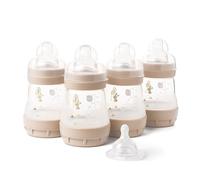 MAM Easy Start Anti-Colic Baby Bottles | 4 Pack (4X 160ml) | Self-Sterilising Baby Milk Bottle | Slow Flow MAM Teats Size 1 + 1x Medium Flow Teat Size 2 | Unisex (Various Designs)