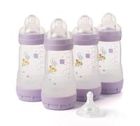 MAM Easy Start Anti-Colic Baby Bottles | 4 Pack (4X 260ml) | Self-Sterilising Baby Milk Bottle | Medium Flow MAM Teats Size 2 + 1x Fast Flow Teat Size 3 | Pink (Various Designs)