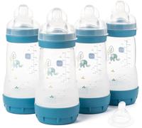 MAM Easy Start Anti-Colic Baby Bottles | 4 Pack (4X 260ml) | Self-Sterilising Baby Milk Bottle | Medium Flow MAM Teats Size 2 + 1x Fast Flow Teat Size 3 | Blue (Various Designs)
