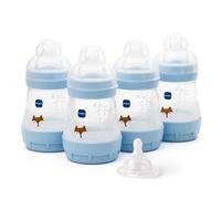 MAM Easy Start Anti-Colic Baby Bottles | 4 Pack (4X 160ml) | Self-Sterilising Baby Milk Bottle | Slow Flow MAM Teats Size 1 + 1x Medium Flow Teat Size 2 | Powder Blue (Various Designs)
