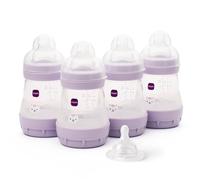 MAM Easy Start Anti-Colic Baby Bottles | 4 Pack (4X 160ml) | Self-Sterilising Baby Milk Bottle | Slow Flow MAM Teats Size 1 + 1x Medium Flow Teat Size 2 | Pink (Various Designs)