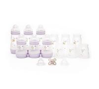 MAM Easy Start Anti-Colic Bottle Starter Set | 17 Pieces | Includes 6X Bottles and MAM Original Start 0-2 Month Soother | Baby Gift Set of Newborn Essentials | Large | Lilac (Various Designs)
