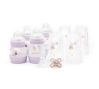 MAM Easy Start Anti-Colic Bottle Starter Set | Includes 4X Feeding Bottles and MAM Original Start 0-2 Month Soother | Self-Sterilising | Baby Gift Set of Newborn Essentials | Lilac (Various Designs)