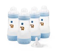 MAM Easy Start Anti-Colic Baby Bottles | 4 Pack (4X 260ml) | Self-Sterilising Baby Milk Bottle | Medium Flow MAM Teats Size 2 + 1x Fast Flow Teat Size 3 | Blue (Various Designs)