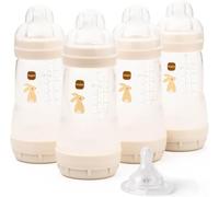 MAM Easy Start Anti-Colic Baby Bottles | 4 Pack (4X 260ml) | Self-Sterilising Baby Milk Bottle | Medium Flow MAM Teats Size 2 + 1x Fast Flow Teat Size 3 | Linen (Various Designs)