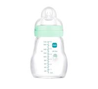 MAM Feel Good A159 Glass Bottle with Teat 1 Patented SkinSoftTM Ultra Soft Silicone for Babies 0 Months + 170 ml Blue