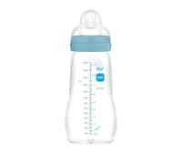MAM Feel Good A162 Glass Water Bottle with Patented SkinSoftTM Silicone Teat 2, Ultra Soft, 0 Months Above, 260 ml, Blue