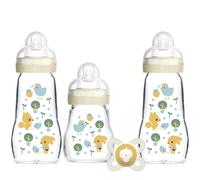 MAM Glass Baby Bottles & Soother Starter Set | 4 Pieces | 2x 170ml and 1x 260ml Feeding Bottles | 1x 0-2 Months Soother | Perfect Baby Accessories for