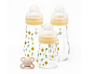 MAM Glass Baby Bottles & Soother Starter Set│Anti-Colic│Soother & 3 Baby Bottles