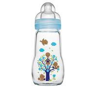 MAM Glass Bottle, 1x 260ml, with SkinSoft Silicone Teat, Blue | Baby Milk Bottle with Medium Flow Teat Size 2, Baby Accessories for Newborn (Designs Vary)