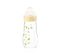 MAM Feel Good Glass Bottle | 1 Pack (1 x 260ml) | MAM Glass Bottle with Medium Flow Teat Size 2 | Baby Accessories for Newborn | Yellow (Various Designs)