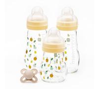 MAM Glass Baby Bottles & Soother Starter Set | 4 Pieces | 2X 260ml and 1x 170ml Feeding Bottles | 1x 0-2 Months Soother | Perfect Baby Accessories for Newborn