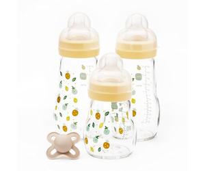 MAM Glass Bottle and Dummy Set, 4 Pieces, Yellow | 2x 170ml and 1x 260ml Feeding Bottles, 1x 0-2 Months Soother, Perfect Baby Accessories for Newborn