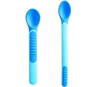 MAM Heat Sensitive Feeding Spoons and Cover, Two Sizes, Colour Change Baby Feeding Spoons, Part of The Baby Cutlery Range, Baby Weaning Essentials, Blue