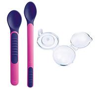 MAM Heat Sensitive Spoons & Cover, Weaning Cutlery Set, Colour Changing with Heat - Pink