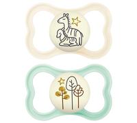 MAM Latex Air Night Soothers 6 Months+ (Pack of 2), Glow in The Dark Baby Soothers with Self Sterilising Travel Case, Newborn Essentials, Blue/Grey, (Designs May Vary)