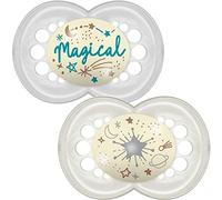 MAM Latex/Rubber Original Night Soothers 12 Months + (Pack of 2), Glow in The Dark Baby Soothers with Self Sterilising Travel Case, Newborn Essentials, Grey, (Designs May Vary)