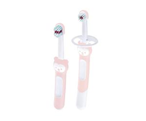 MAM Learn to Brush Set, Baby Toothbrush with Long Handle for Holding Together, Children's Toothbrush Trains Teeth Brushing, from 5+ Months, Pink