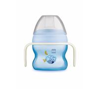MAM Learning Cup, from 4 Months, 150 ml, Baby's First Cup, Asymmetric Spill Proof Silicone Easy Acceptance Spout, with Glow-in-The-Dark Handles, Blue, Pack of 1