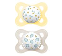 MAM MAM 2-6 Months Soothers with Symmetrical Teat, Flat and Flexible, Soft Silicone, Easy to Accept with Self-Sterilising Box, MAM Original, Neutral Glossy, Pack of 2
