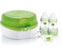 MAM Microwave Steriliser | Comes with 2X MAM Easy Start Anti-Colic Bottle and Soother | for Quick and Easy Steam Sterilisation | Sterilises 6X Bottles in 5 Minutes | Baby Accessories