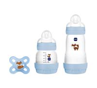 MAM, Newborn Baby Gift Set Includes: 1 x 130 ml Anti-Colic Bottle, 1 x 260 ml Anti-Colic Bottle, 1 x Original Start Pacifier, from 0 Months, Blue, Sold in Foreign Language